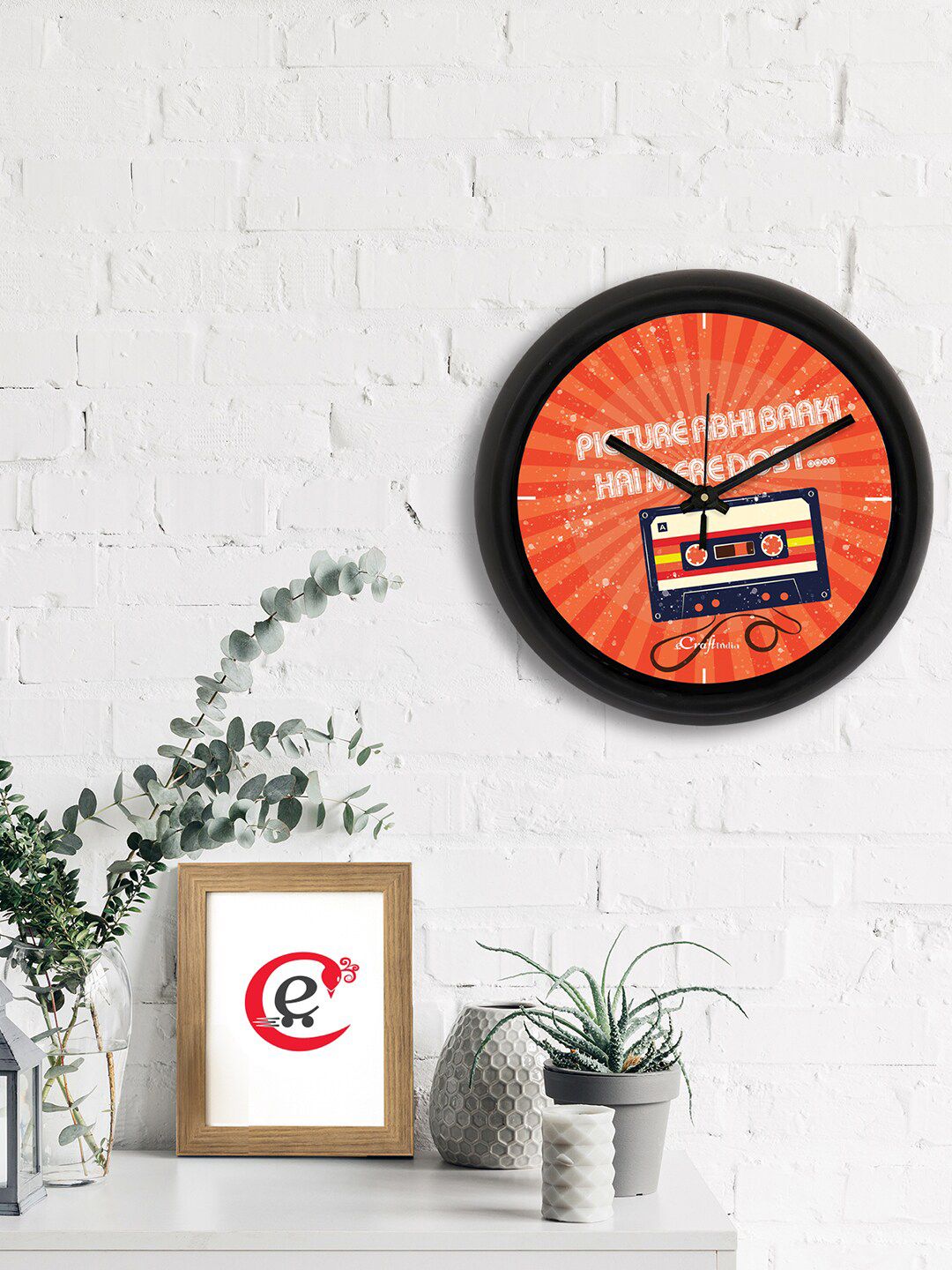 eCraftIndia Orange & Black Printed Contemporary Analogue Wall Clock Price in India