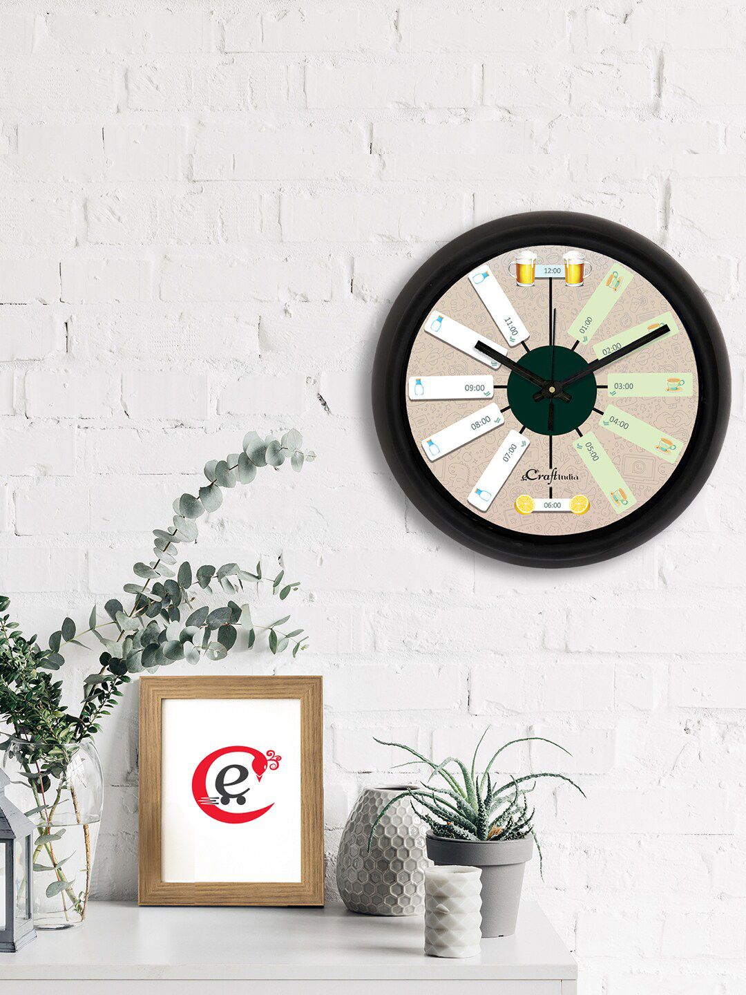 eCraftIndia Beige & Green Printed Contemporary Analogue Wall Clock Price in India