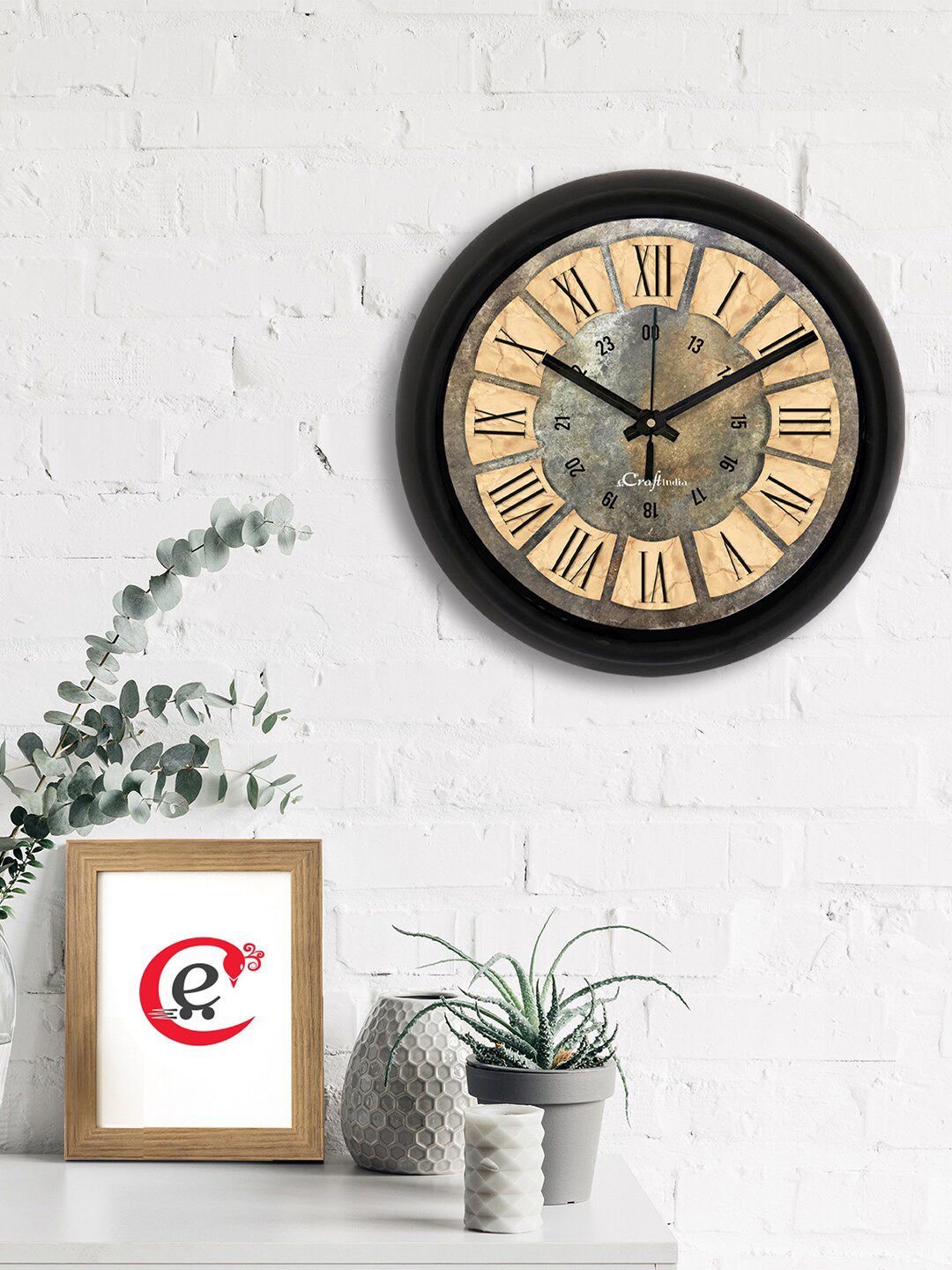 eCraftIndia Beige & Black Printed Contemporary Analogue Wall Clock Price in India