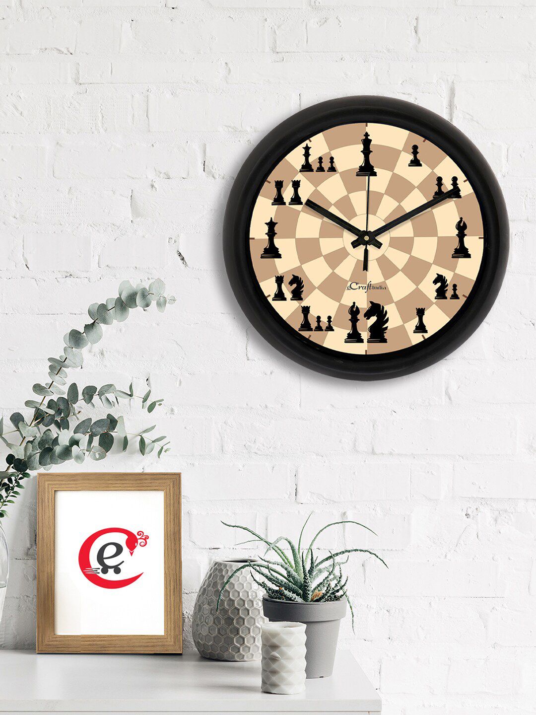 eCraftIndia Beige & Black Chess Theme Printed Contemporary Analogue Wall Clock Price in India