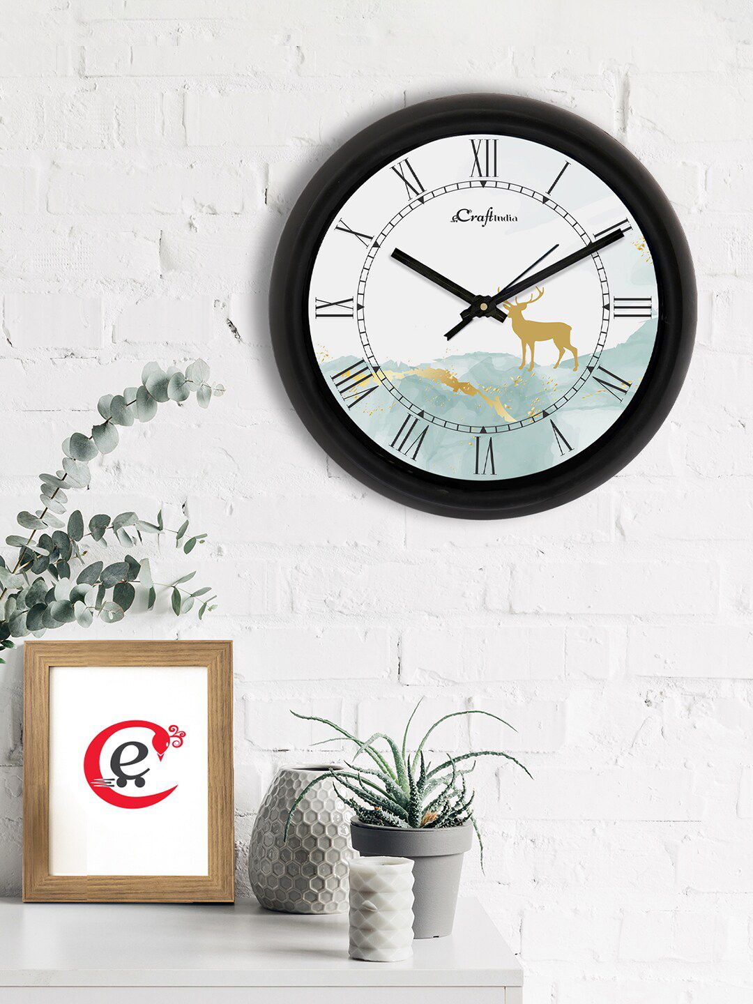 eCraftIndia White & Green Printed Contemporary Analogue Wall Clock Price in India