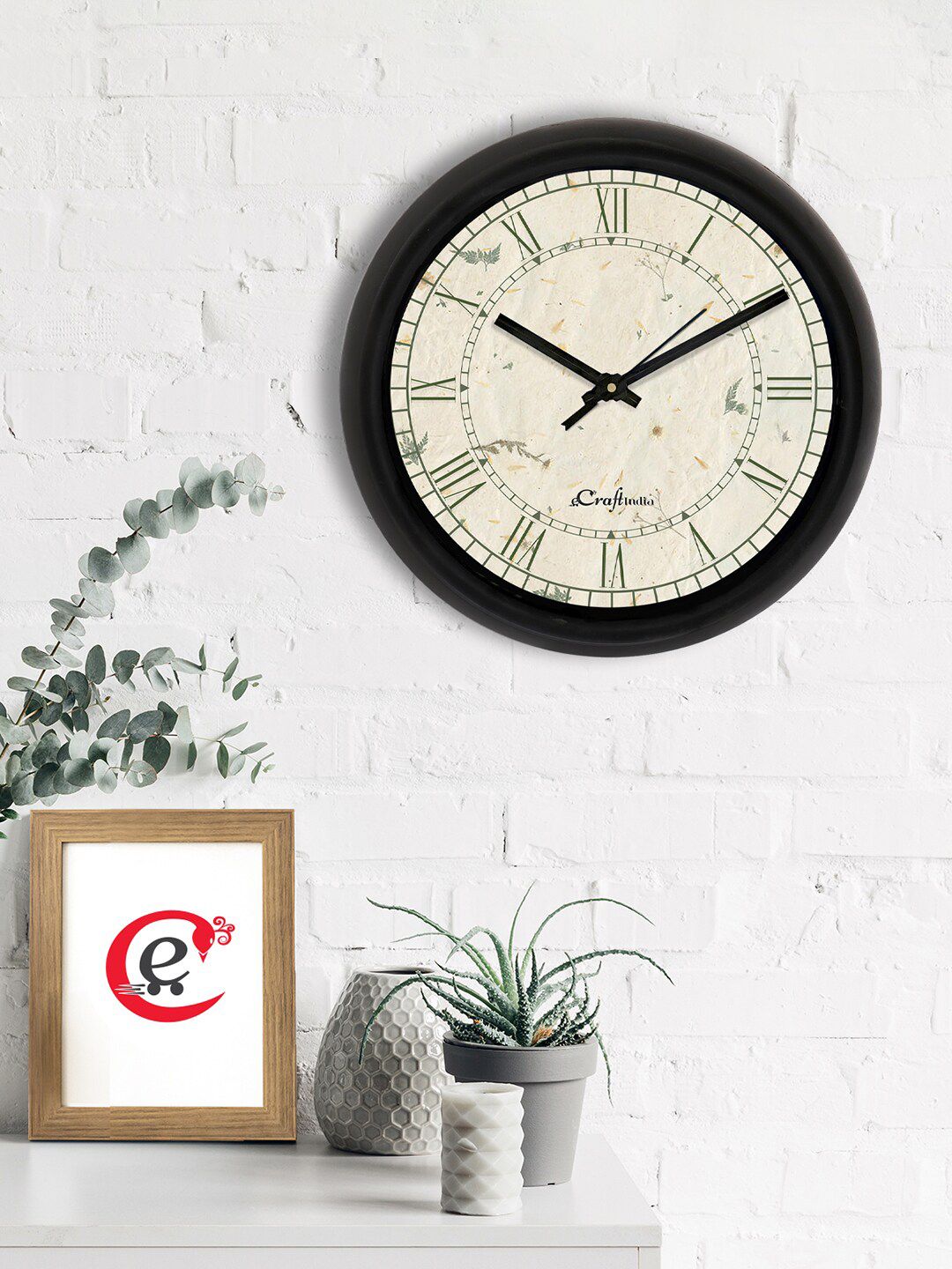 eCraftIndia Beige & Black Printed Contemporary Analogue Wall Clock Price in India