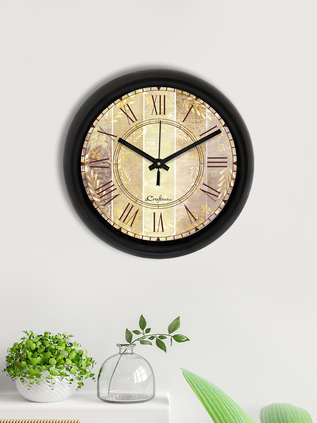 eCraftIndia Beige & Black Printed Contemporary Analogue Wall Clock Price in India