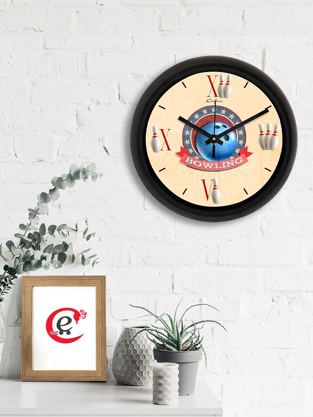 eCraftIndia Beige & Blue Bowling Printed Contemporary Analogue Wall Clock Price in India