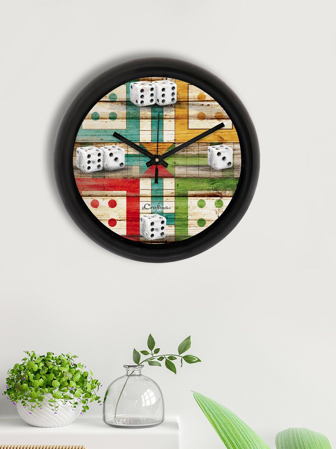 eCraftIndia Green & Yellow Ludo Board Printed Contemporary Wall Analogue Clock Price in India