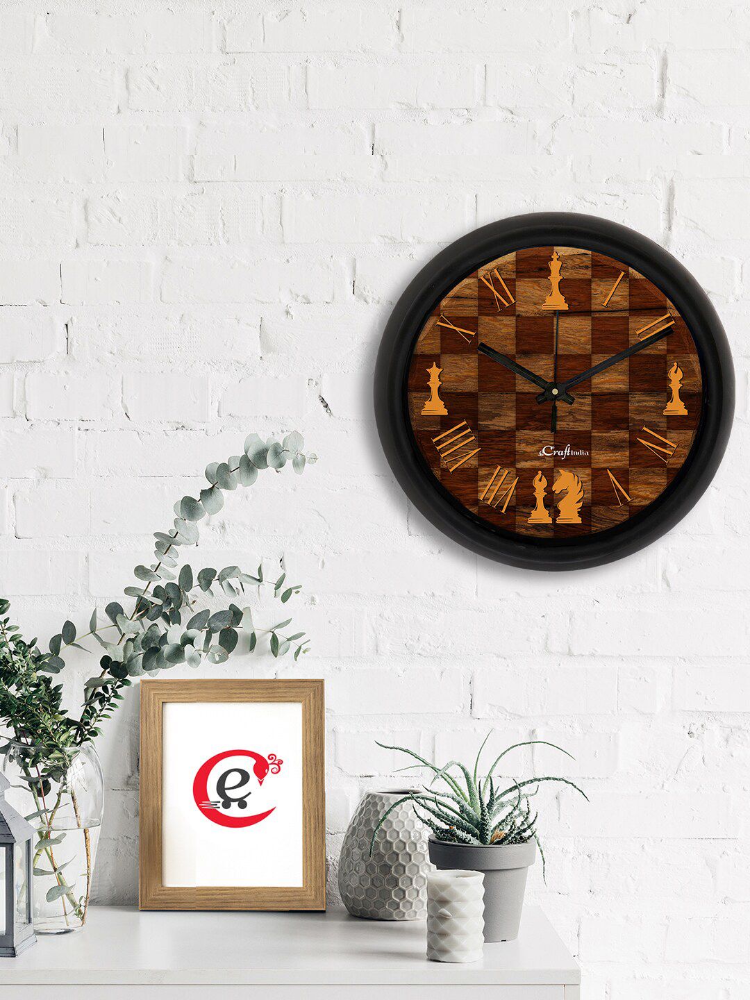 eCraftIndia Brown & Black Chess Printed Contemporary Analogue Wall Clock Price in India