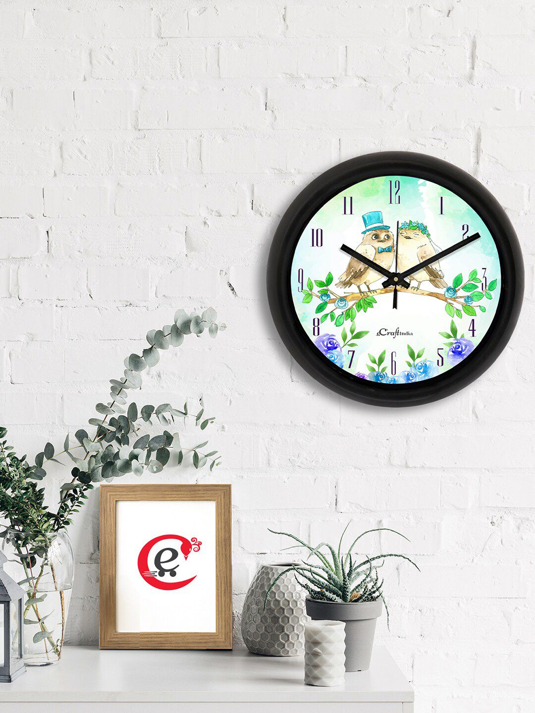 eCraftIndia White & Black Owl Couple Printed Contemporary Analogue Wall Clock Price in India