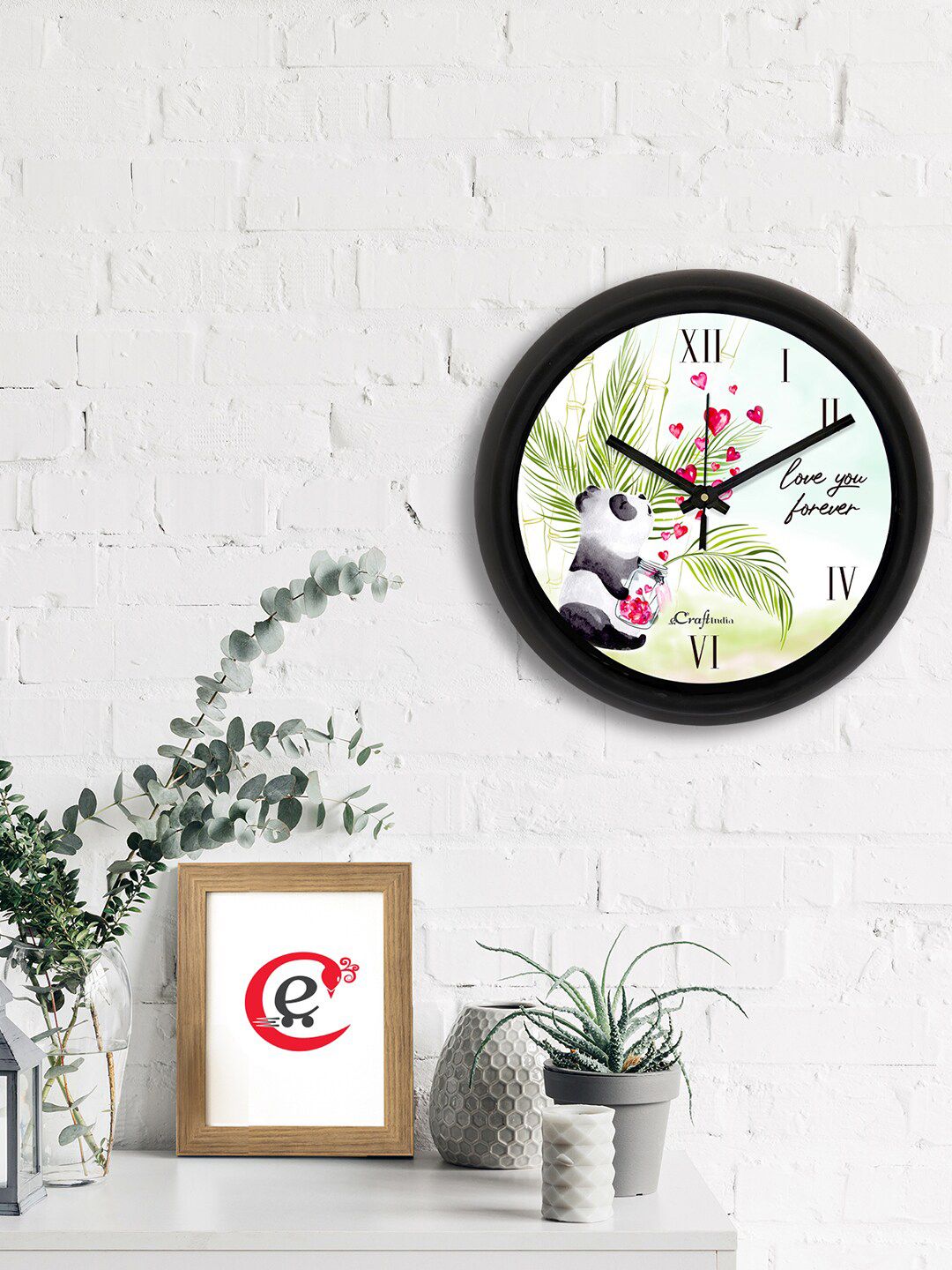 eCraftIndia Black & Green Panda Printed Contemporary Wall Clock Price in India