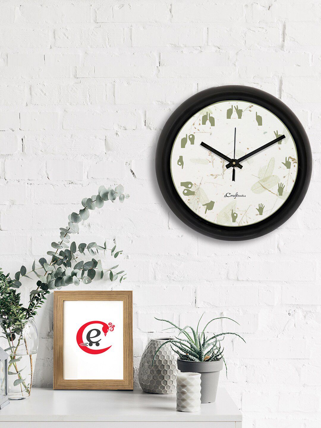 eCraftIndia White & Black Hand Sign Printed Contemporary Analogue Wall Clock Price in India