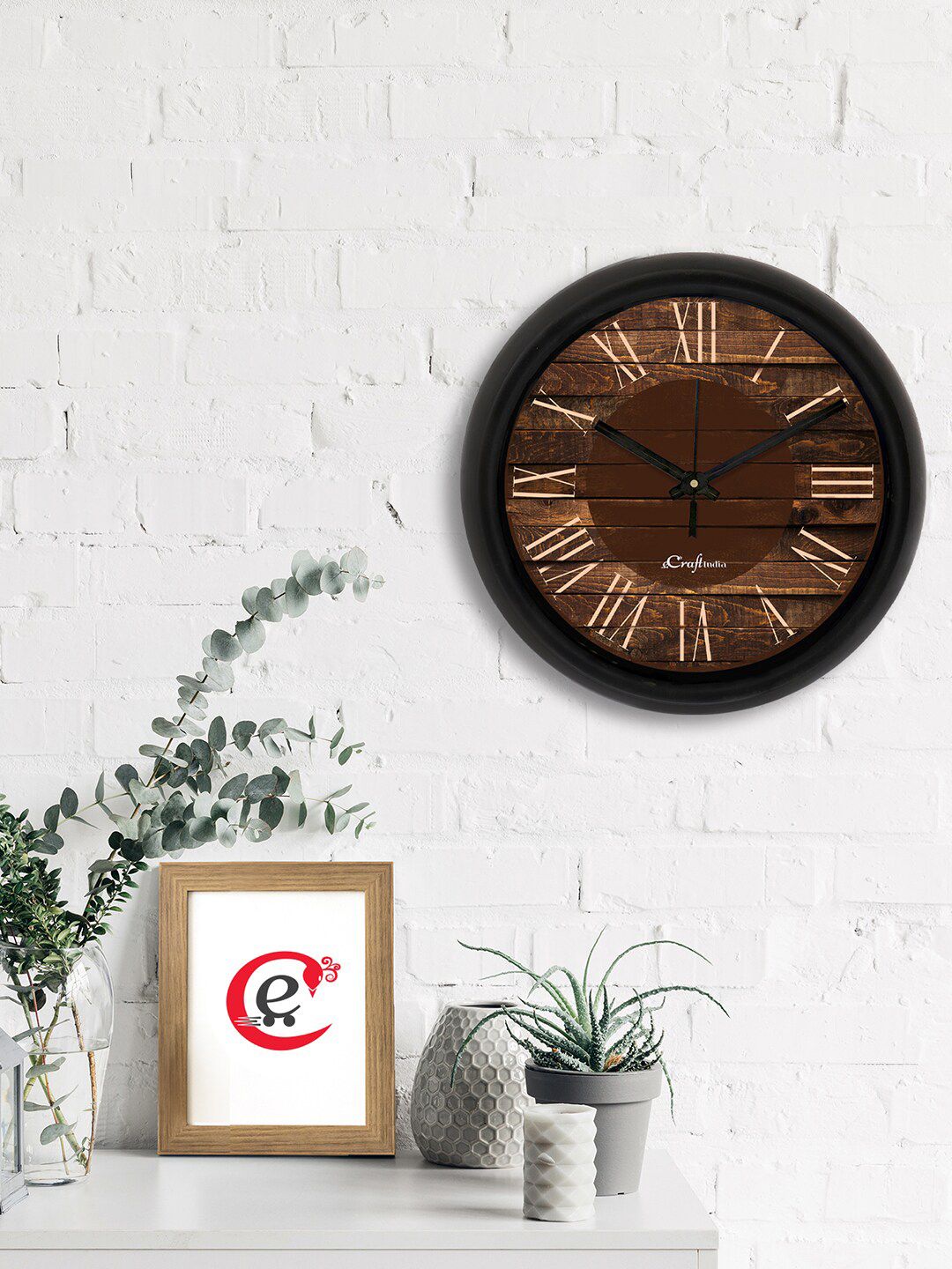 eCraftIndia Brown & Black Printed Contemporary Analogue Wall Clock Price in India