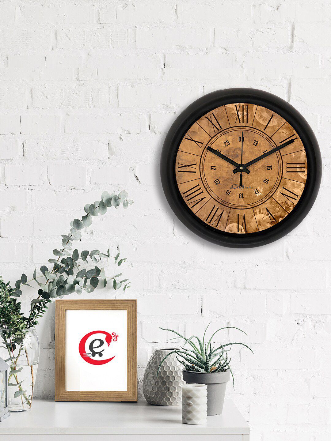 eCraftIndia Brown & Black Printed Contemporary Analogue Wall Clock Price in India