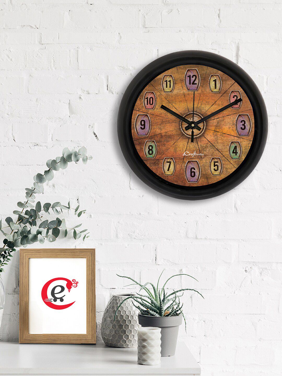 eCraftIndia Brown & Black Printed Contemporary Analogue Wall Clock Price in India