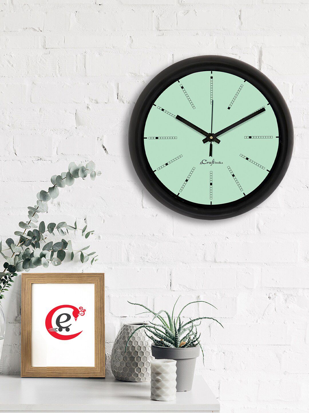 eCraftIndia Sea Green & Black Contemporary Analogue Wall Clock Price in India