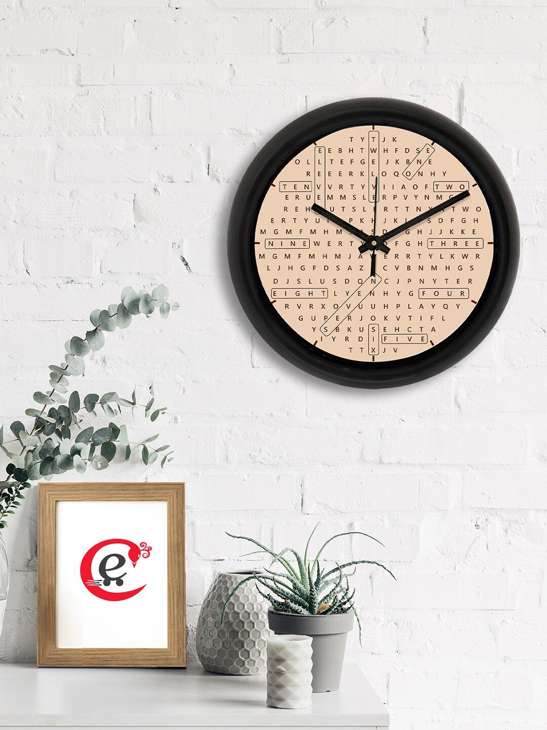 eCraftIndia Beige & Black Word Puzzle Printed Contemporary Analogue Wall Clock Price in India