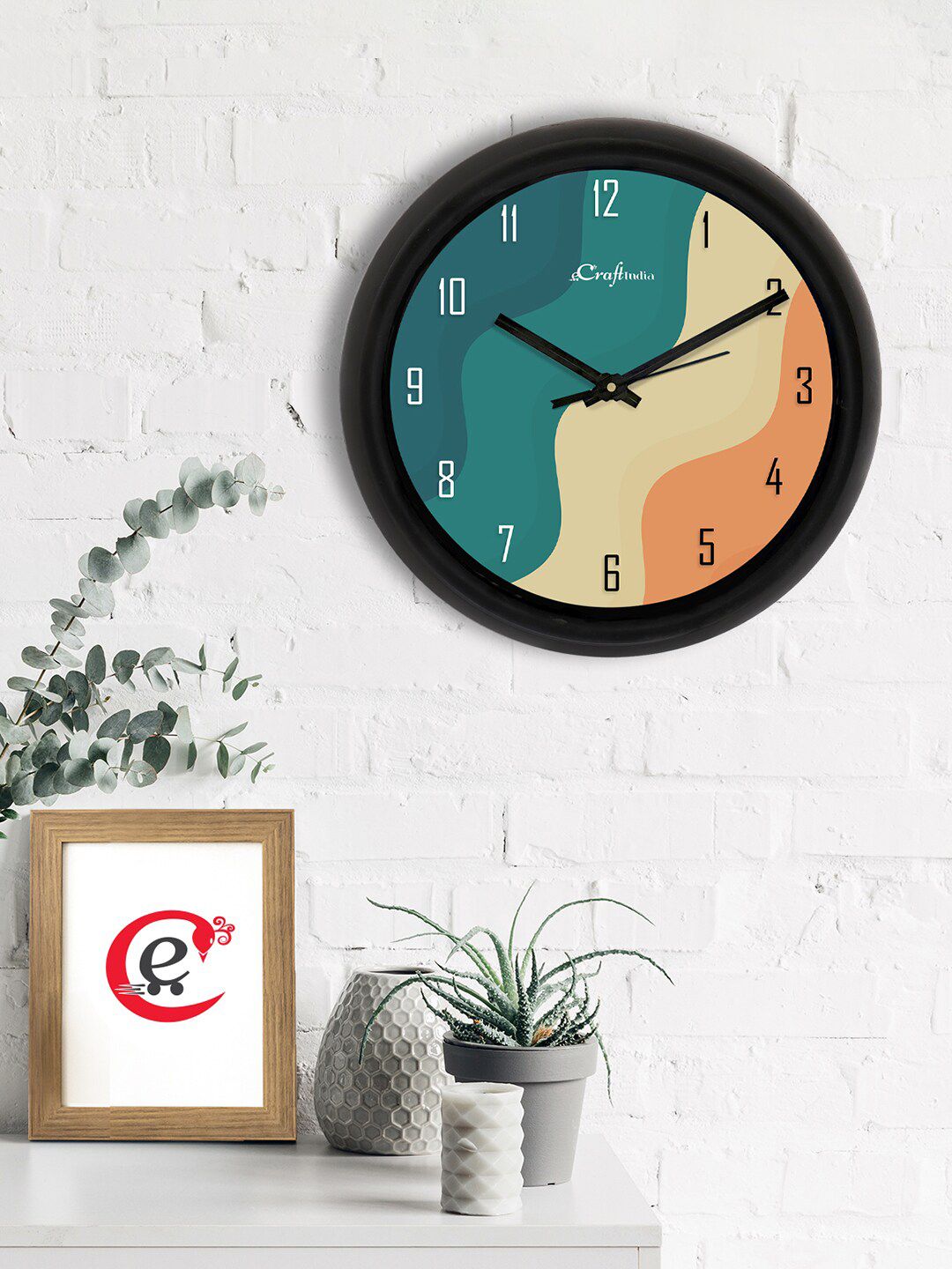 eCraftIndia Teal & Black Printed Contemporary Analogue Wall Clock Price in India