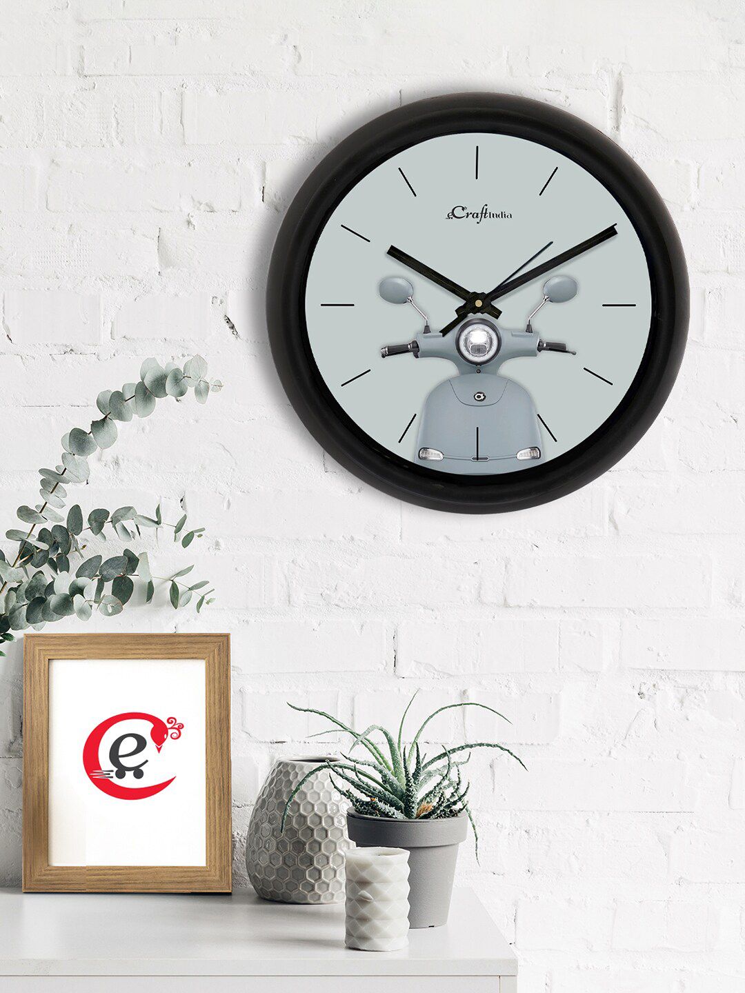 eCraftIndia Grey & Black Scooter Printed Contemporary Analogue Wall Clock Price in India