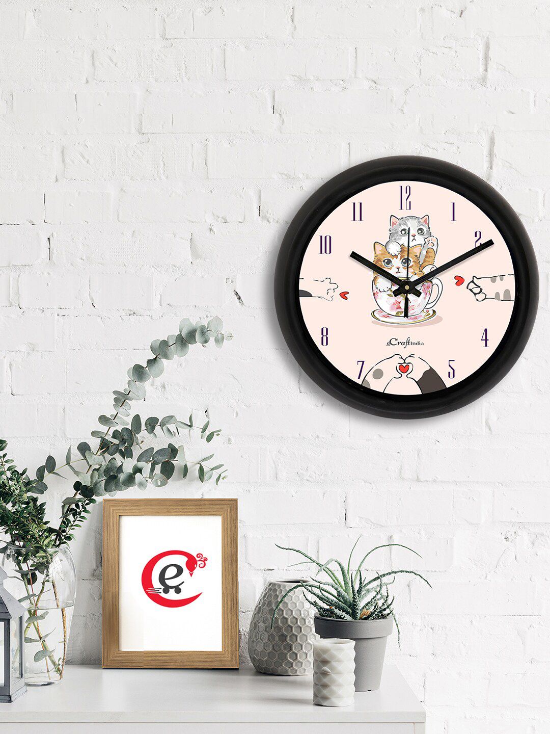 eCraftIndia Pink & Black Printed Contemporary Analogue Wall Clock Price in India