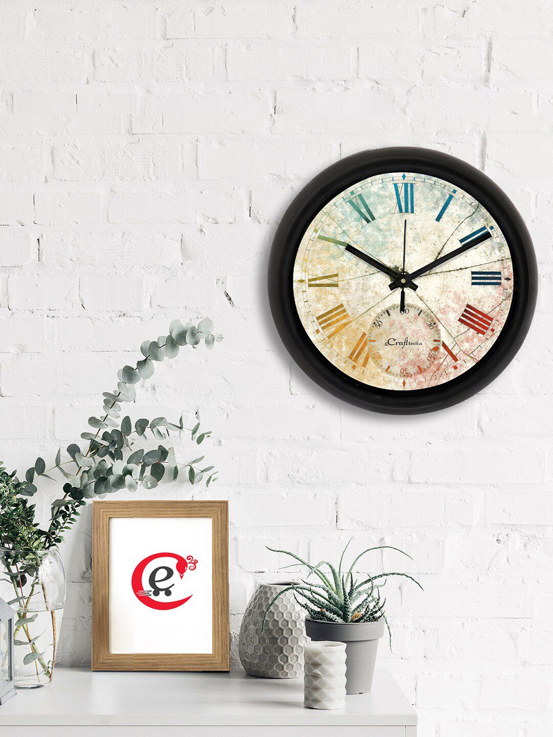 eCraftIndia Multicoloured Printed Contemporary Analogue Wall Clock Price in India