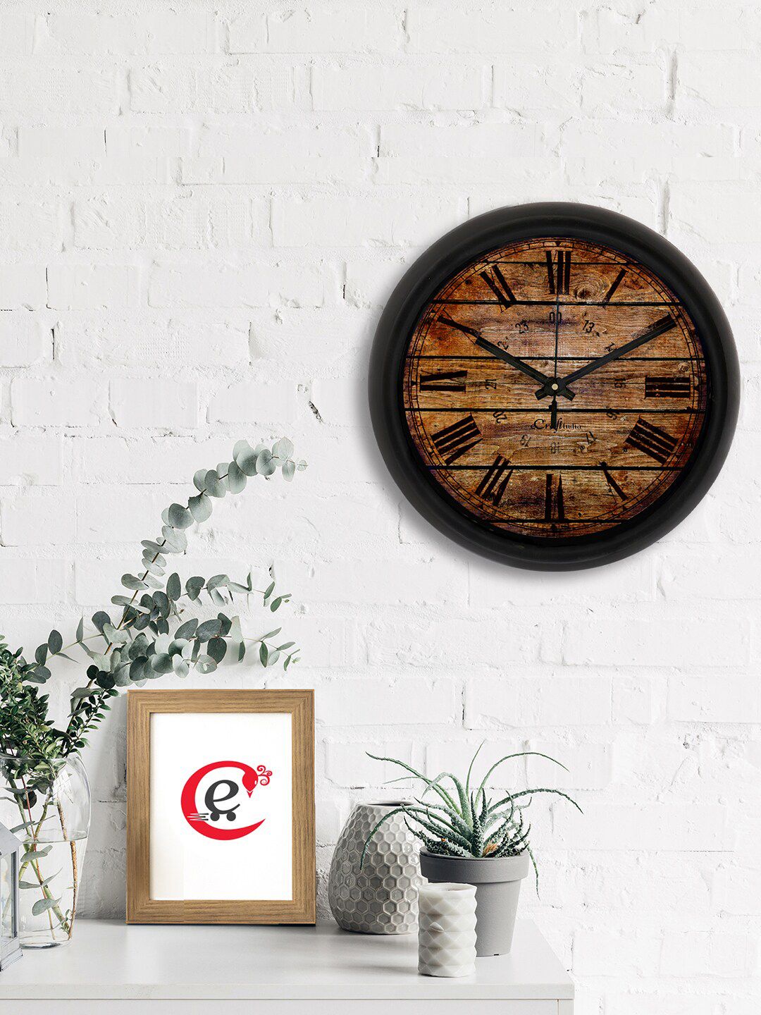 eCraftIndia Brown & Black Printed Contemporary Analogue Wall Clock Price in India