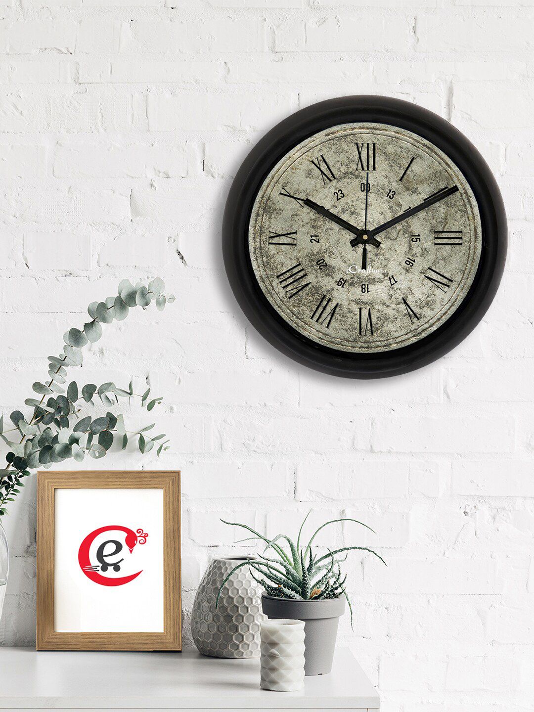 eCraftIndia Green & Black Printed Contemporary Analogue Wall Clock Price in India