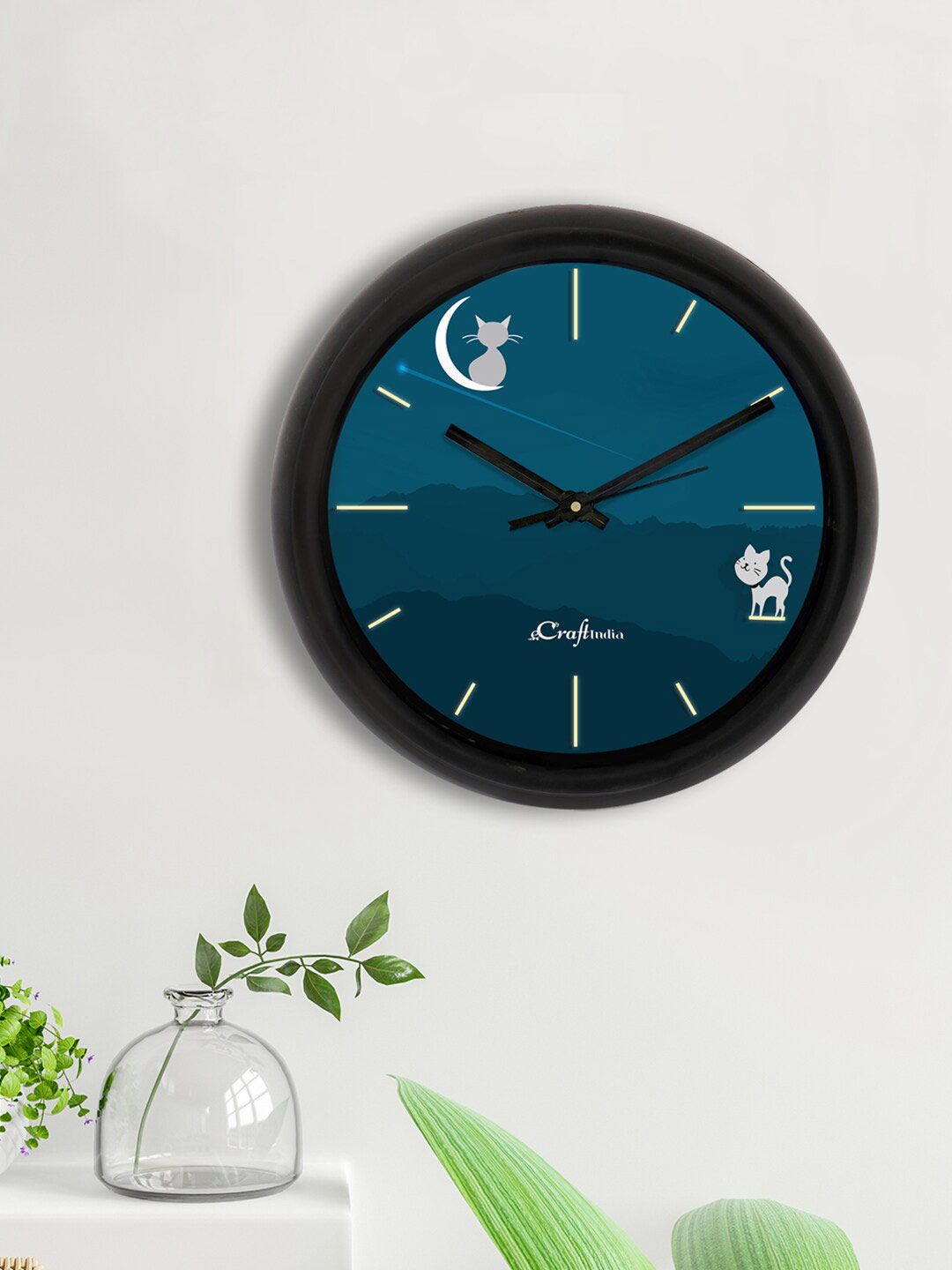 eCraftIndia Blue & Black Cat's Night Out Printed 31.75 CM Contemporary Analogue Wall Clock Price in India