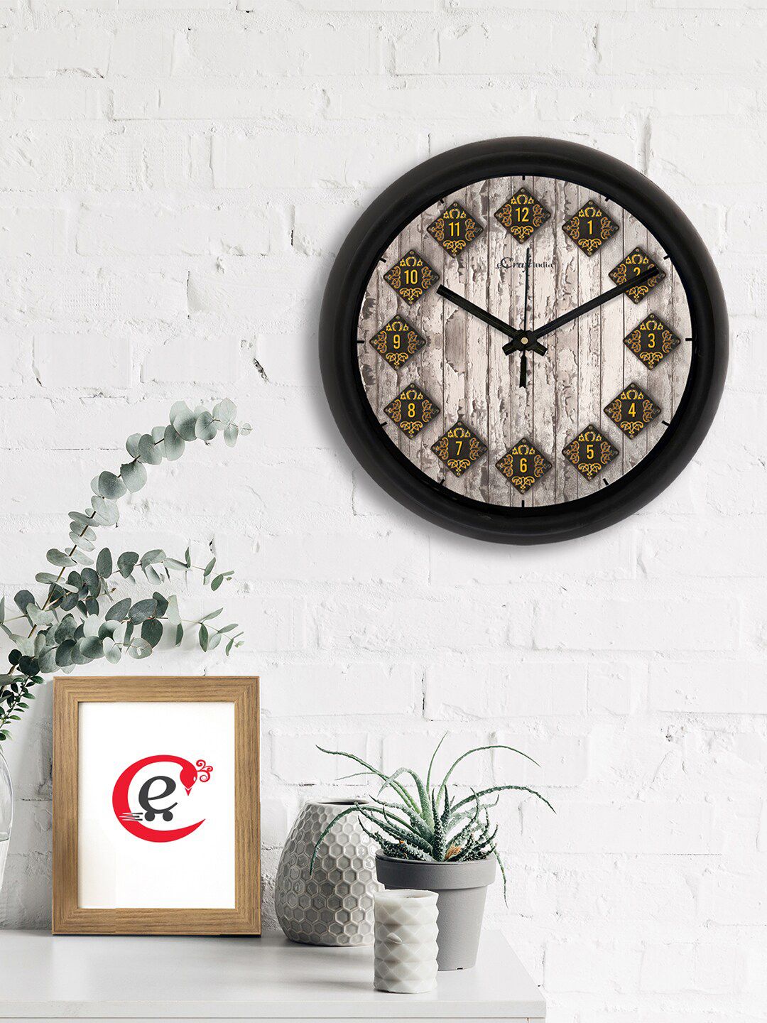 eCraftIndia Brown & Yellow Printed Contemporary Analogue Wall Clock Price in India