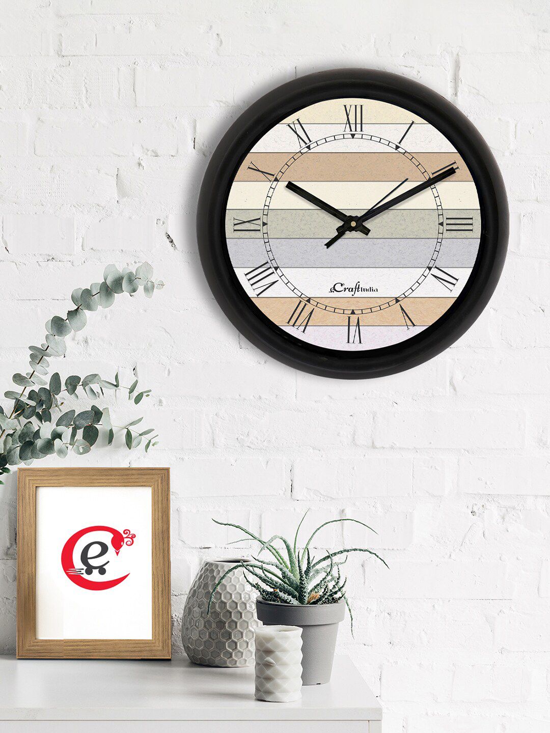 eCraftIndia Beige & Grey Printed Contemporary Analogue Wall Clock Price in India