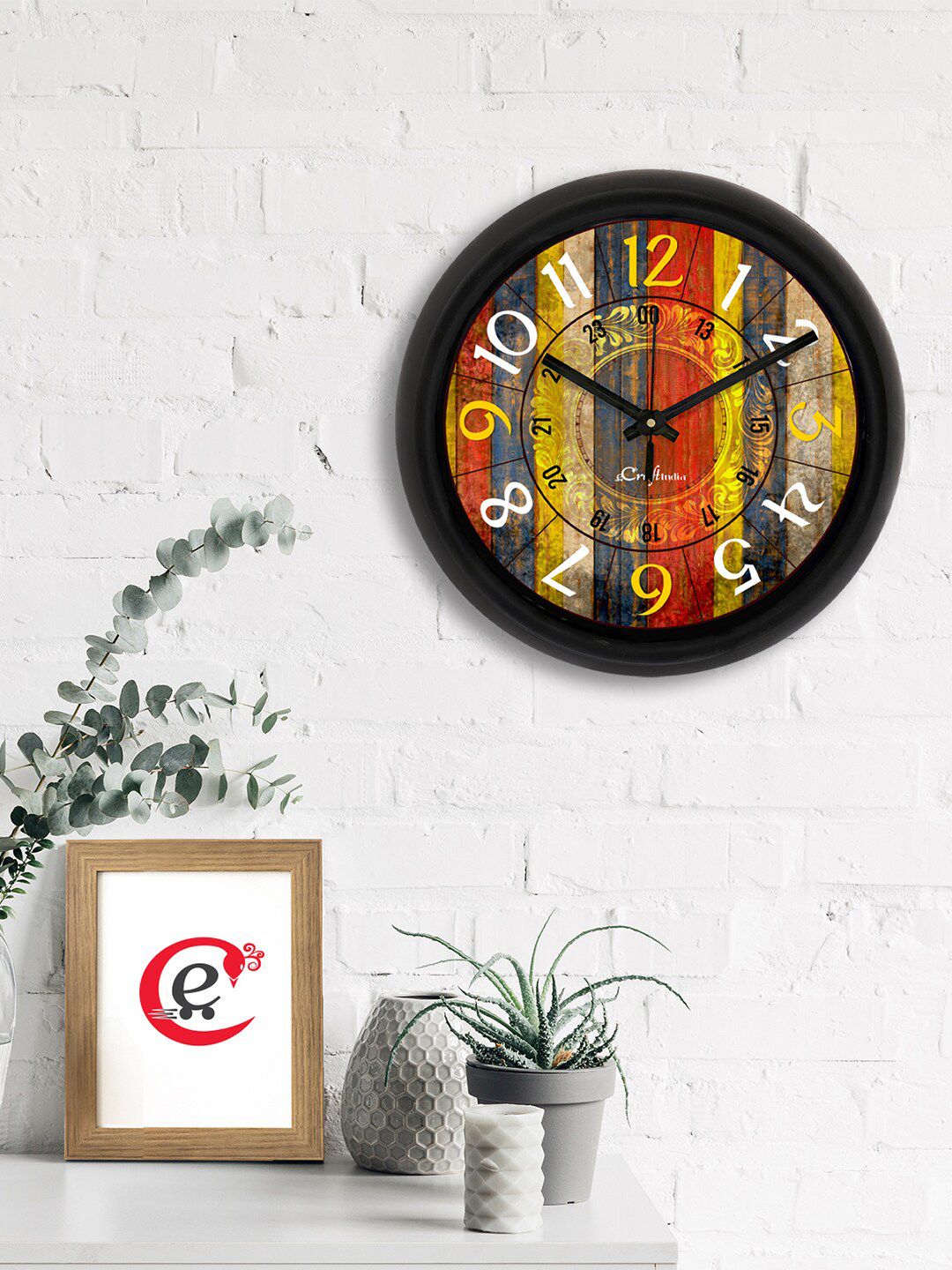 eCraftIndia Red & Yellow Printed Contemporary Analogue Wall Clock Price in India