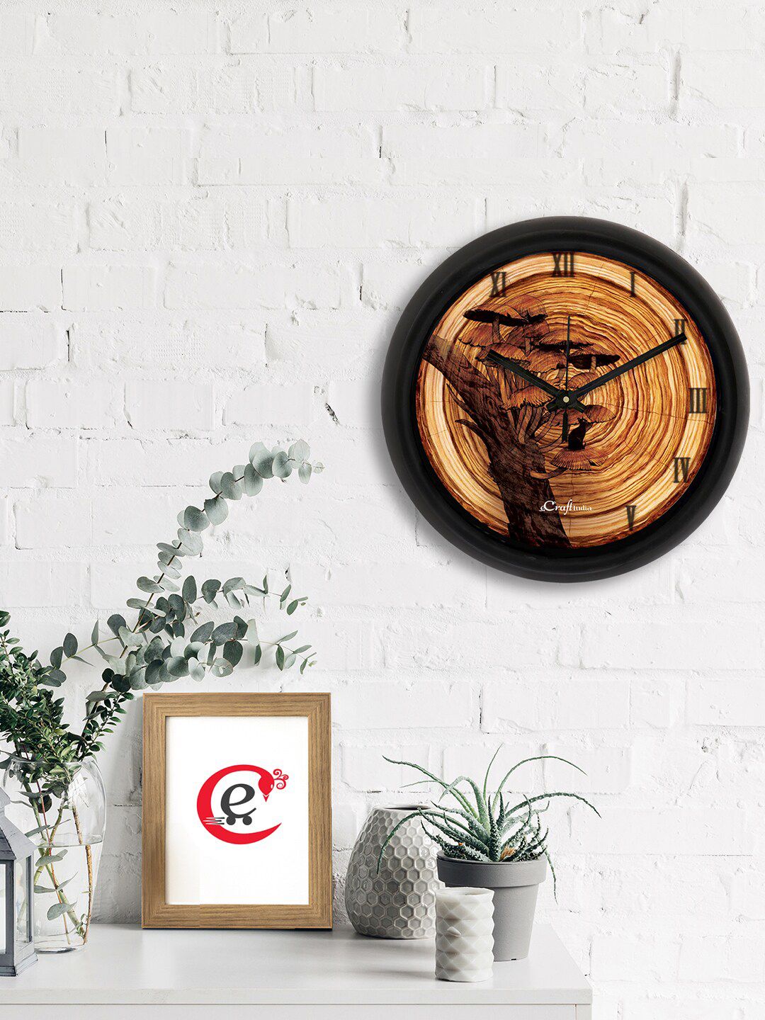 eCraftIndia Brown & Black Printed Contemporary Analogue Wall Clock Price in India