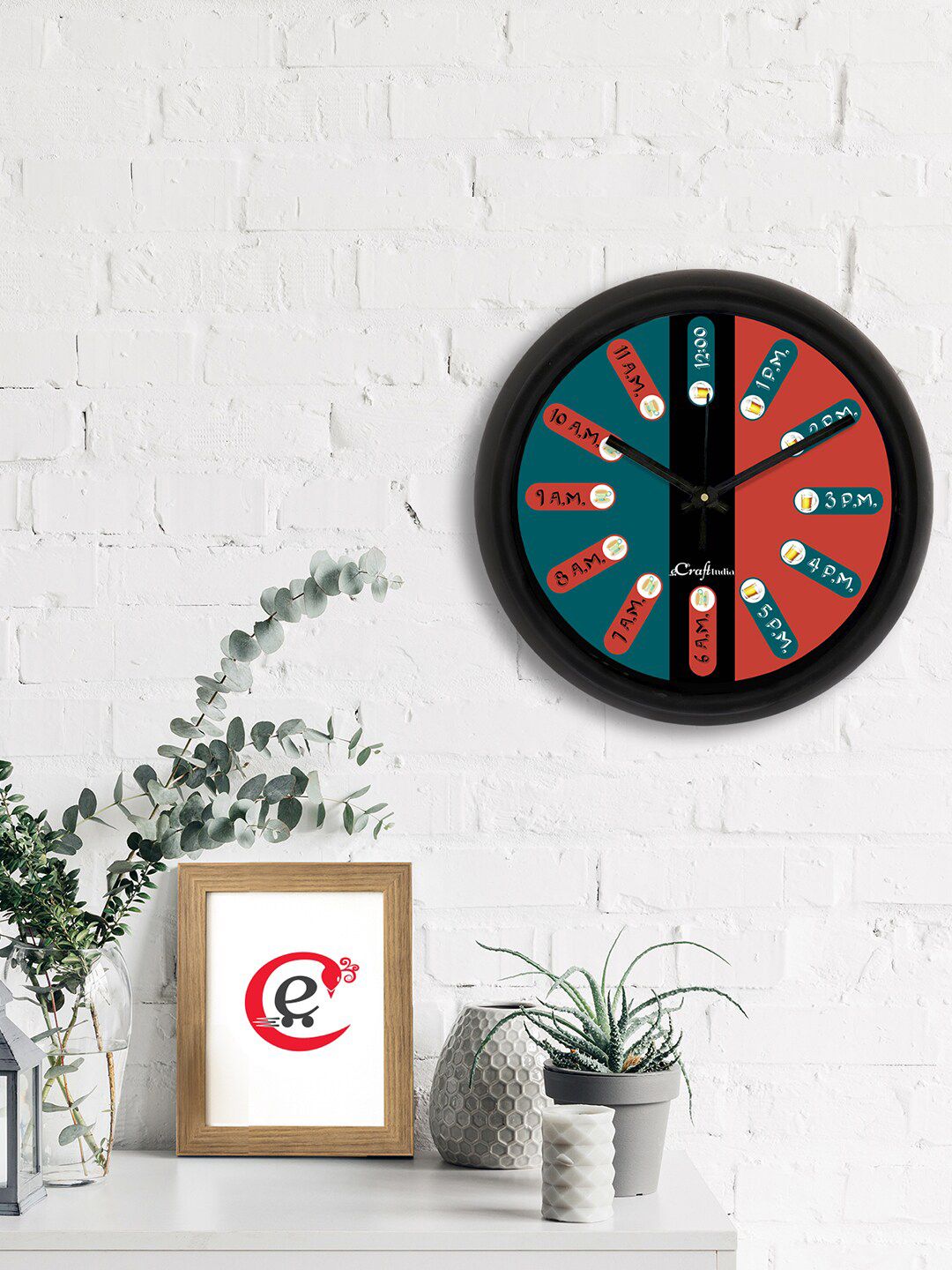 eCraftIndia Black & Teal Printed Contemporary Analogue Wall Clock Price in India