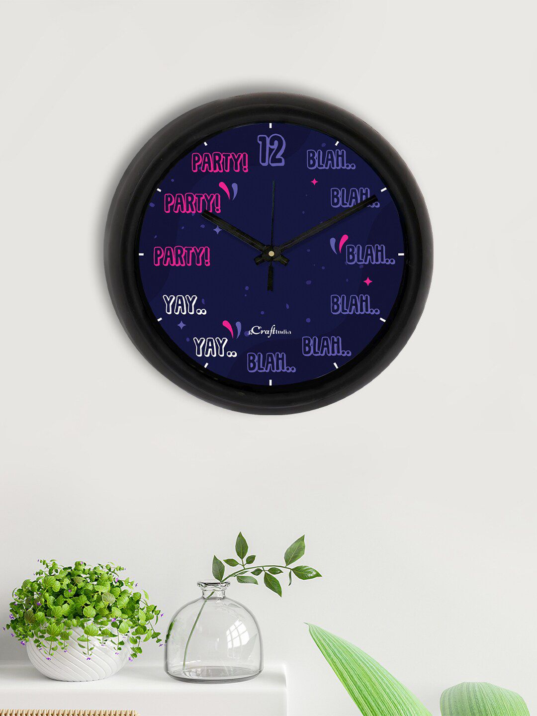 eCraftIndia Blue & Pink Printed Contemporary Analogue Wall Clock Price in India