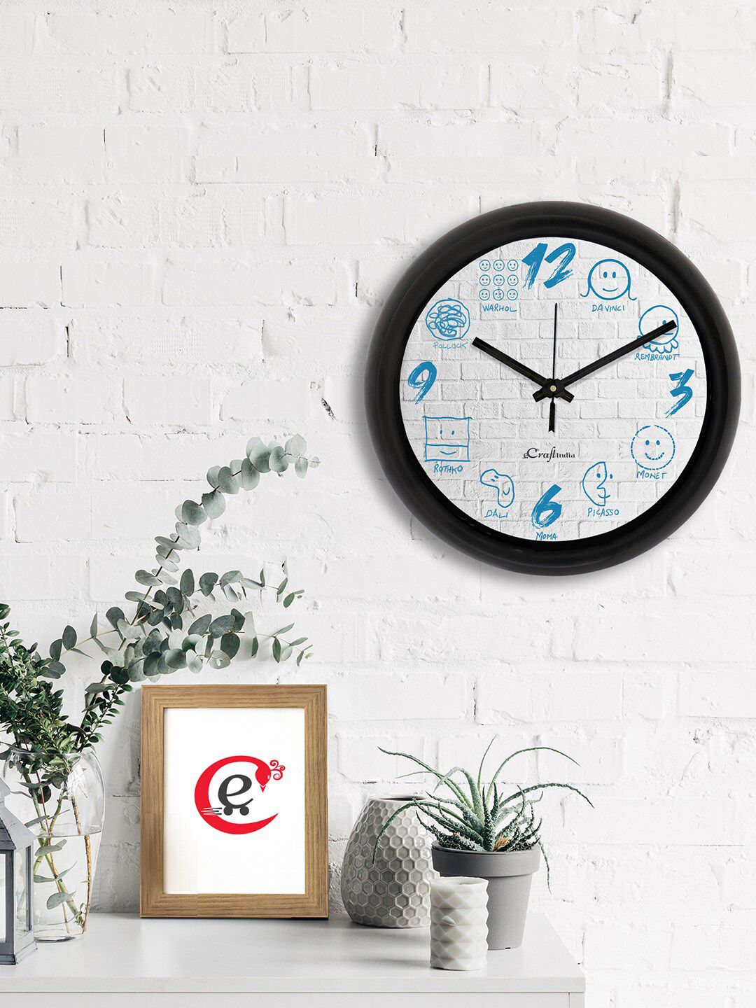 eCraftIndia Grey & Blue Printed Contemporary Analogue Wall Clock Price in India