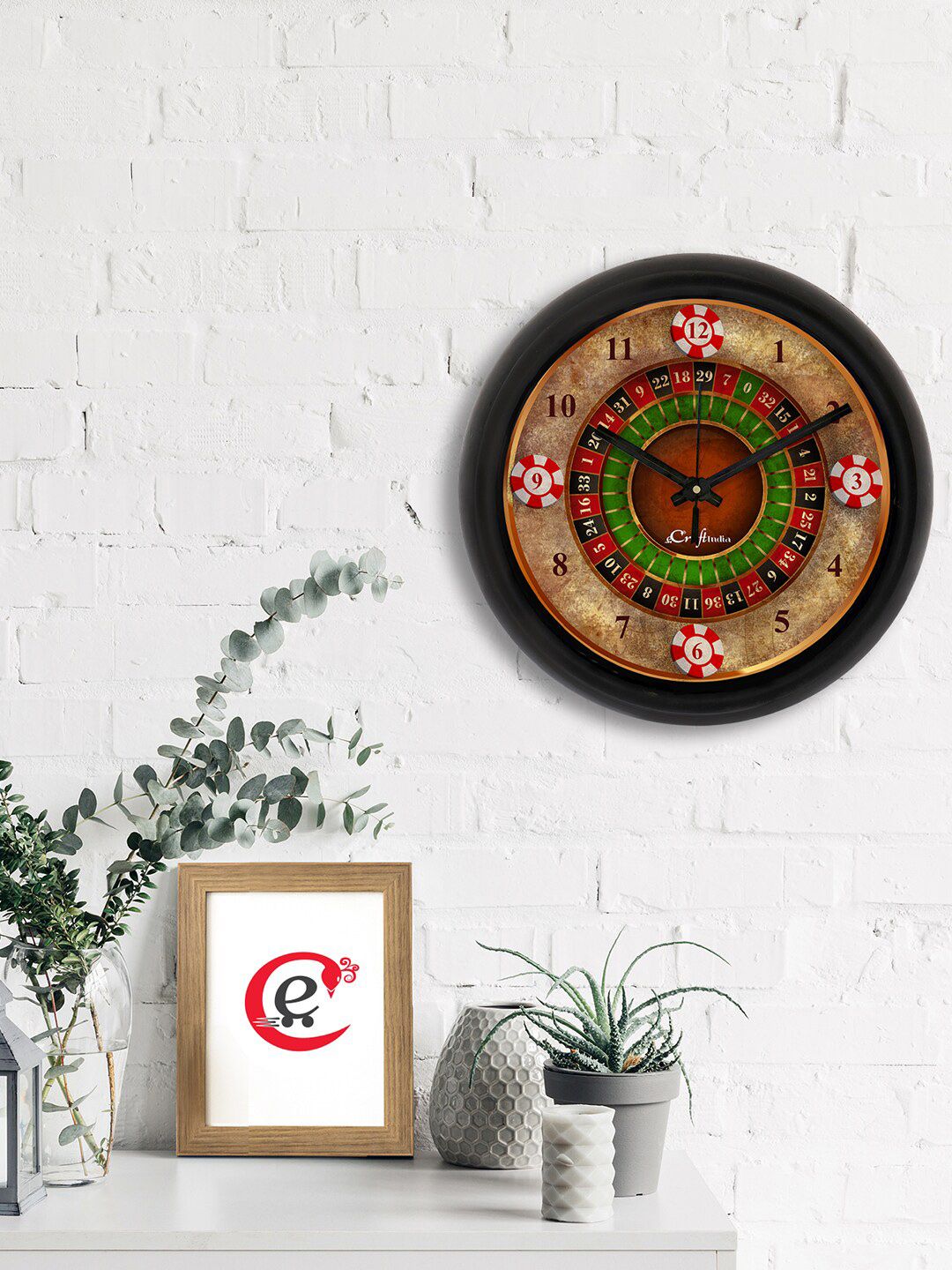 eCraftIndia Brown & Green Printed Contemporary Analogue Wall Clock Price in India