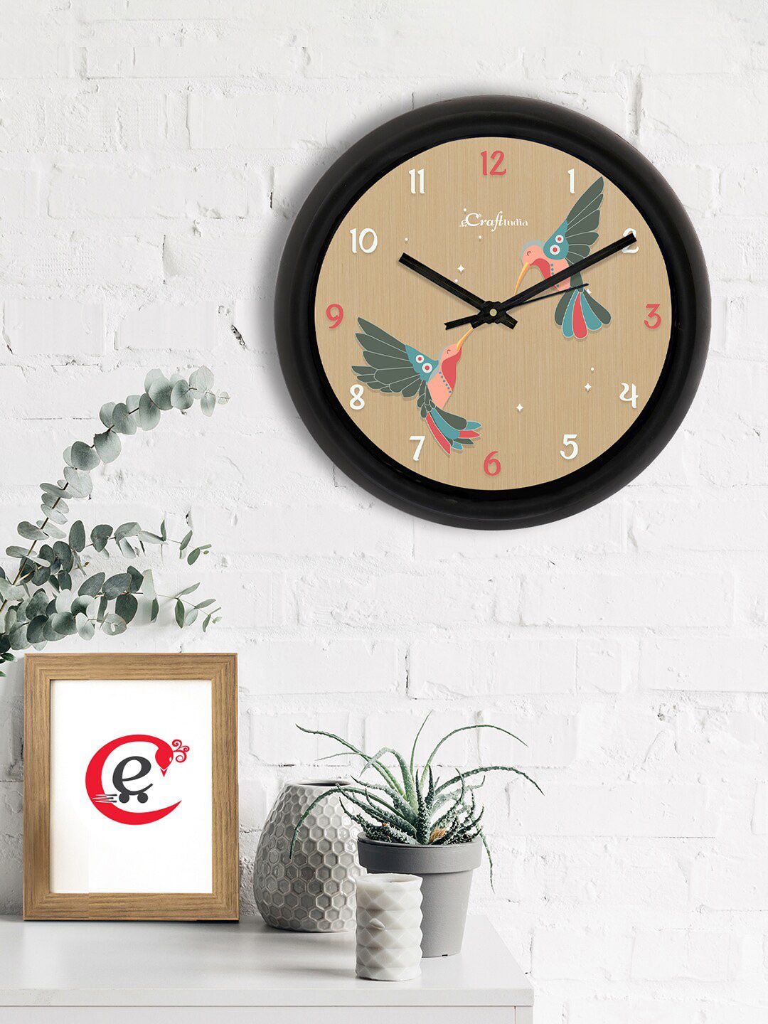 eCraftIndia Brown & Black Birds Printed Contemporary Analogue Wall Clock Price in India