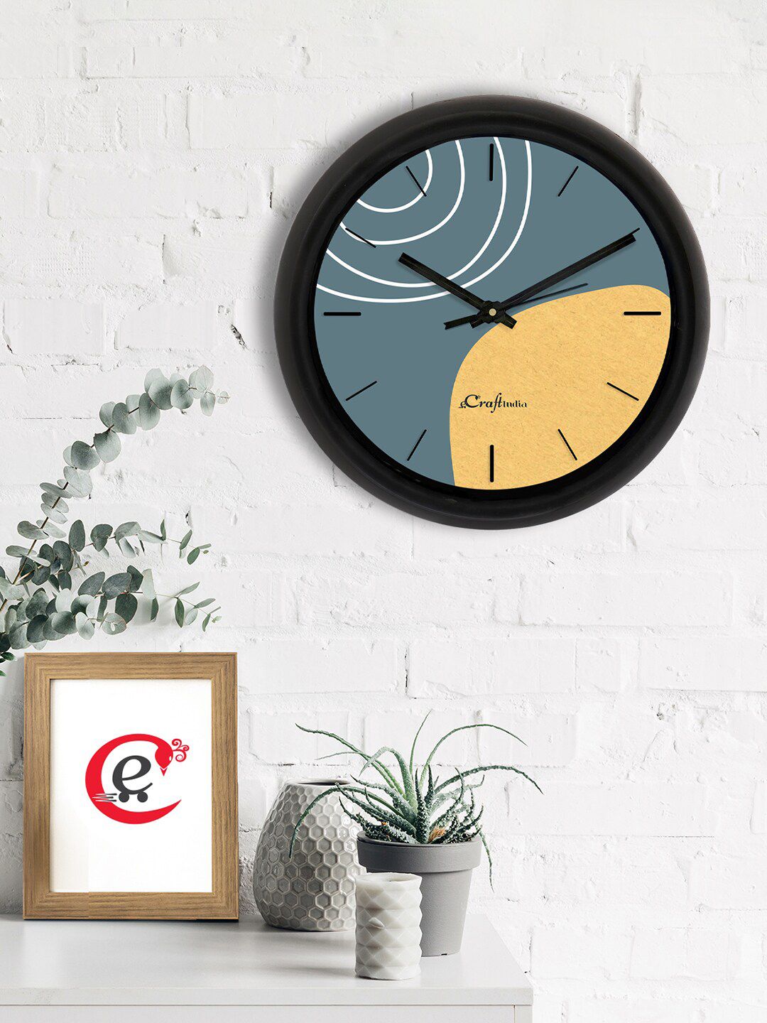 eCraftIndia Grey & Yellow Printed Contemporary Analogue Wall Clock Price in India