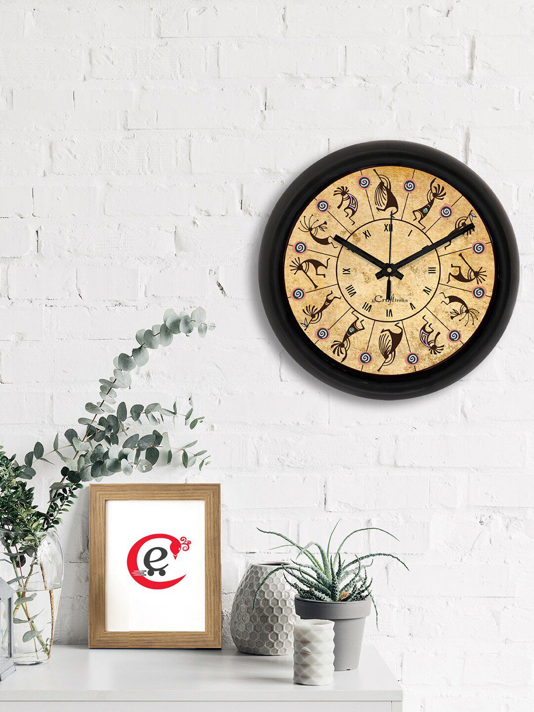 eCraftIndia Beige & Black Printed Contemporary Analogue Wall Clock Price in India