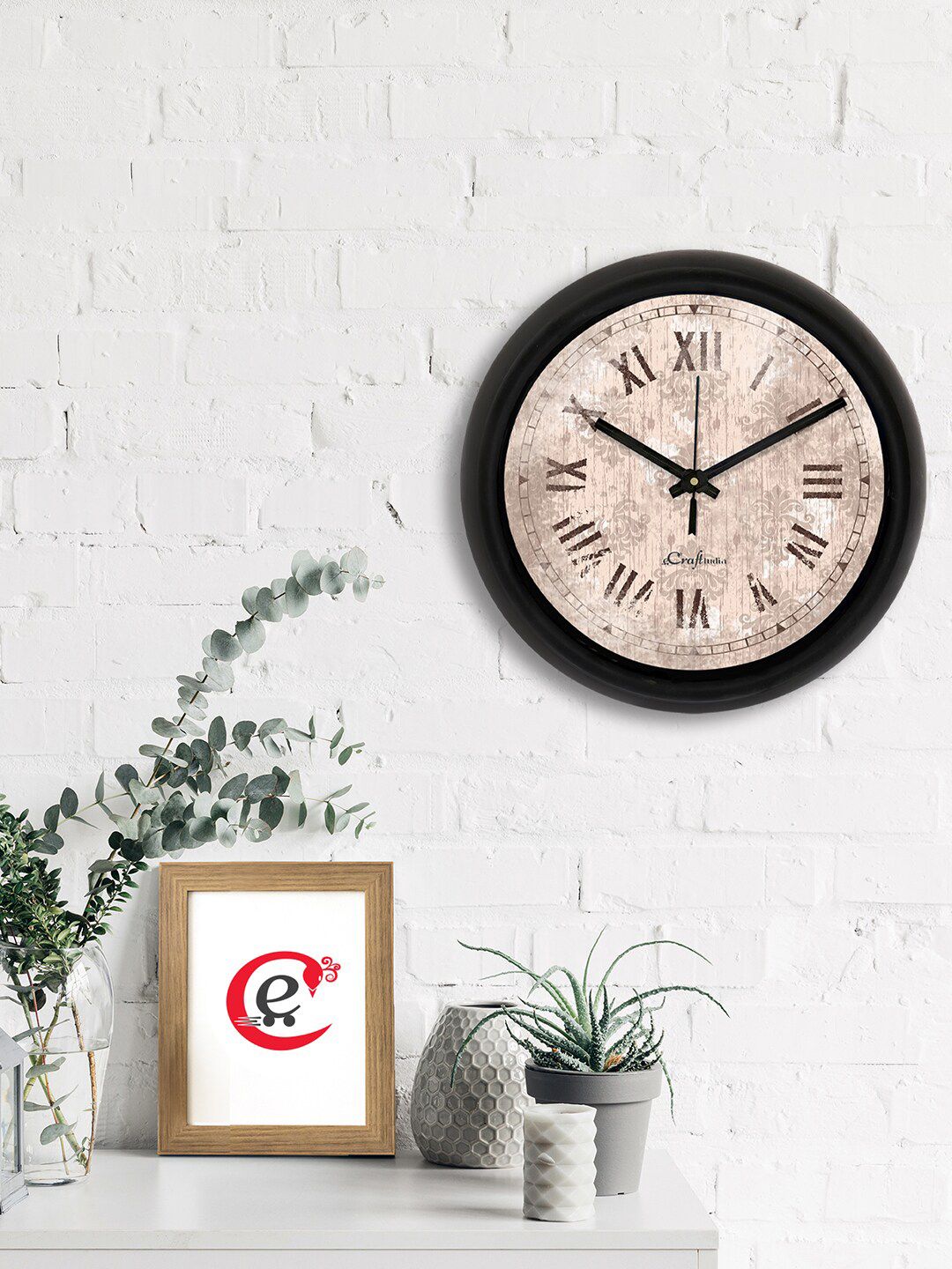 eCraftIndia Beige & Black Printed Contemporary Analogue Wall Clock Price in India