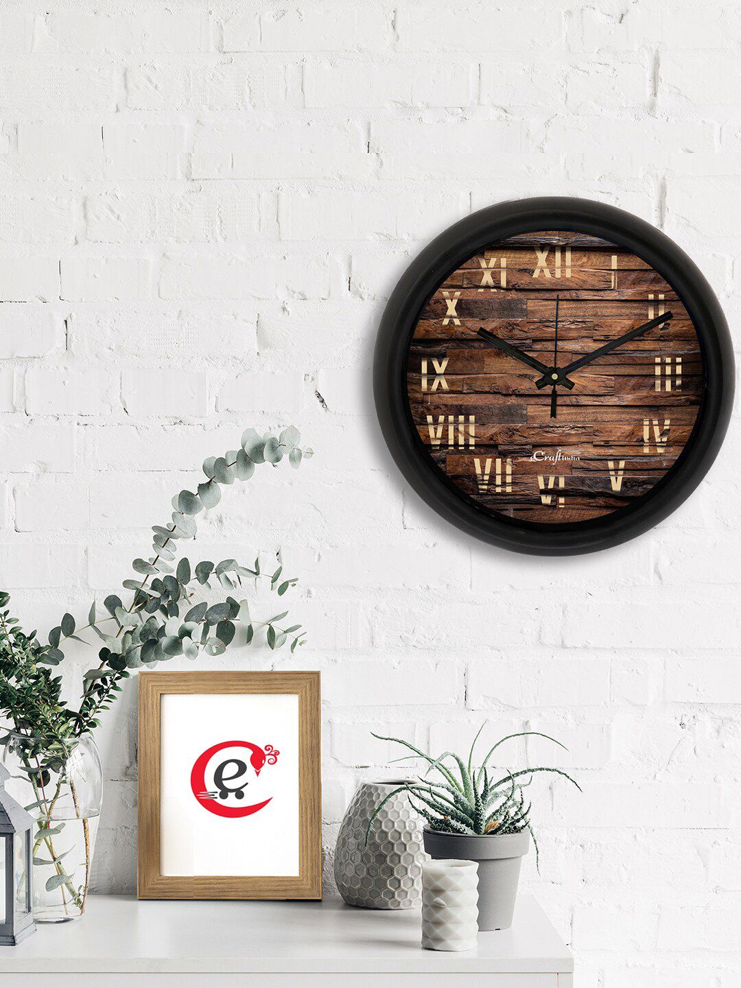 eCraftIndia Brown & Black Printed Contemporary Analogue Wall Clock Price in India