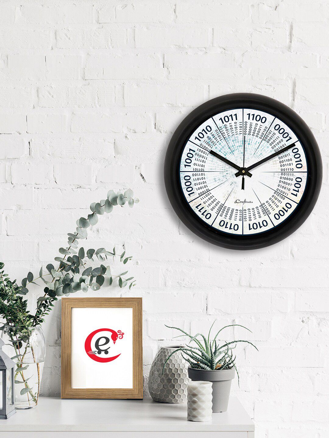 eCraftIndia White & Black Printed Contemporary Analogue Wall Clock Price in India