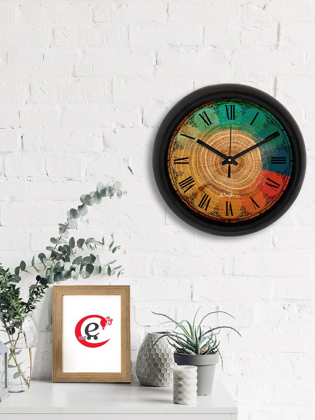 eCraftIndia Red & Green Printed Contemporary Analogue Wall Clock Price in India