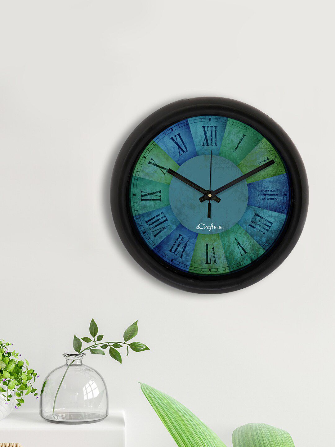 eCraftIndia Green & Blue Rustic Texture Printed Contemporary 31.75 CM Analogue Wall Clock Price in India