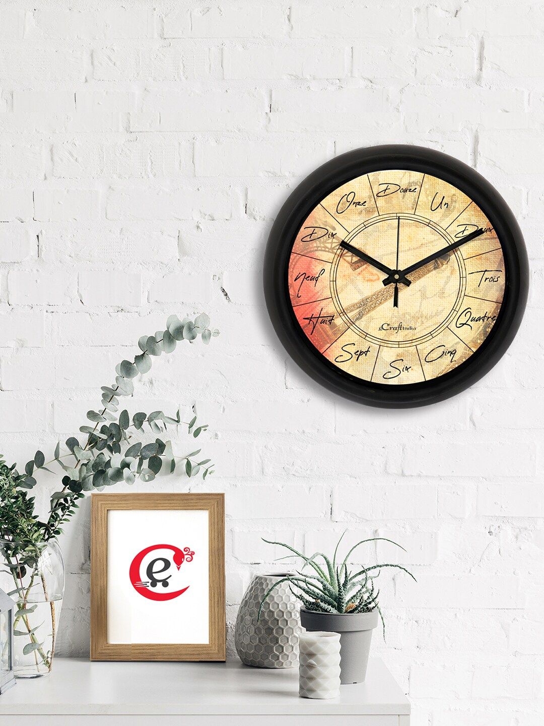 eCraftIndia Beige & Pink French Number Printed Contemporary Analogue Wall Clock Price in India