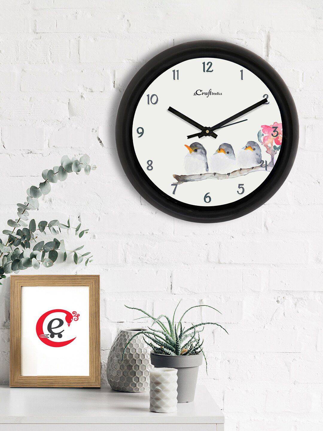 eCraftIndia Off White & Black Birds Printed Contemporary Analogue Wall Clock Price in India