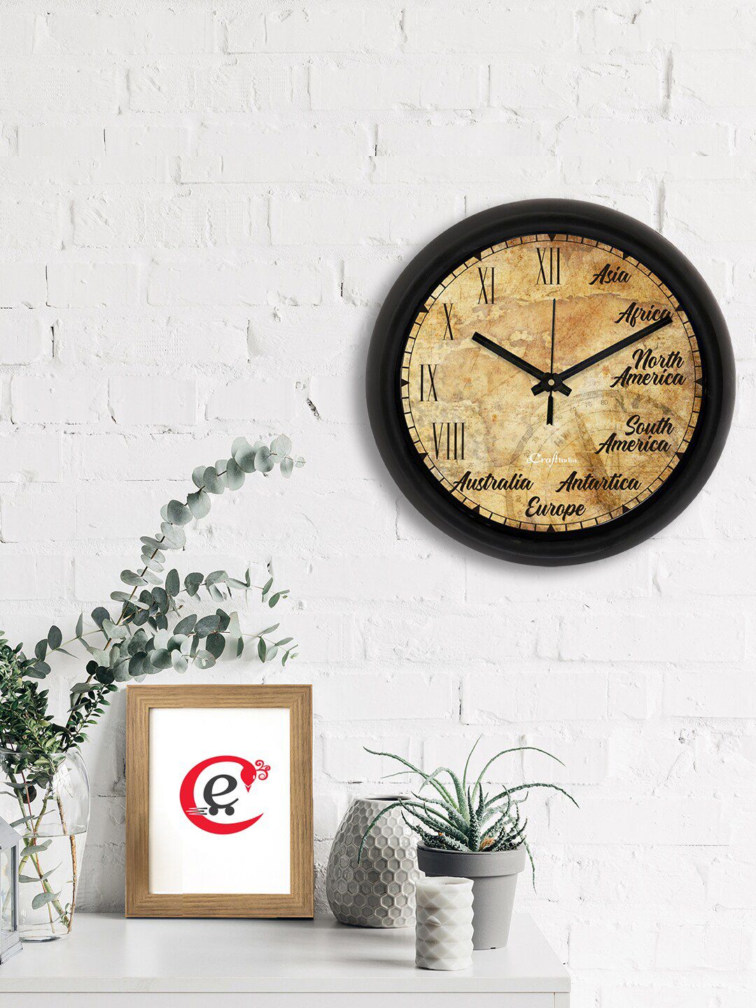 eCraftIndia Beige & Black Continent Printed Contemporary Analogue Wall Clock Price in India