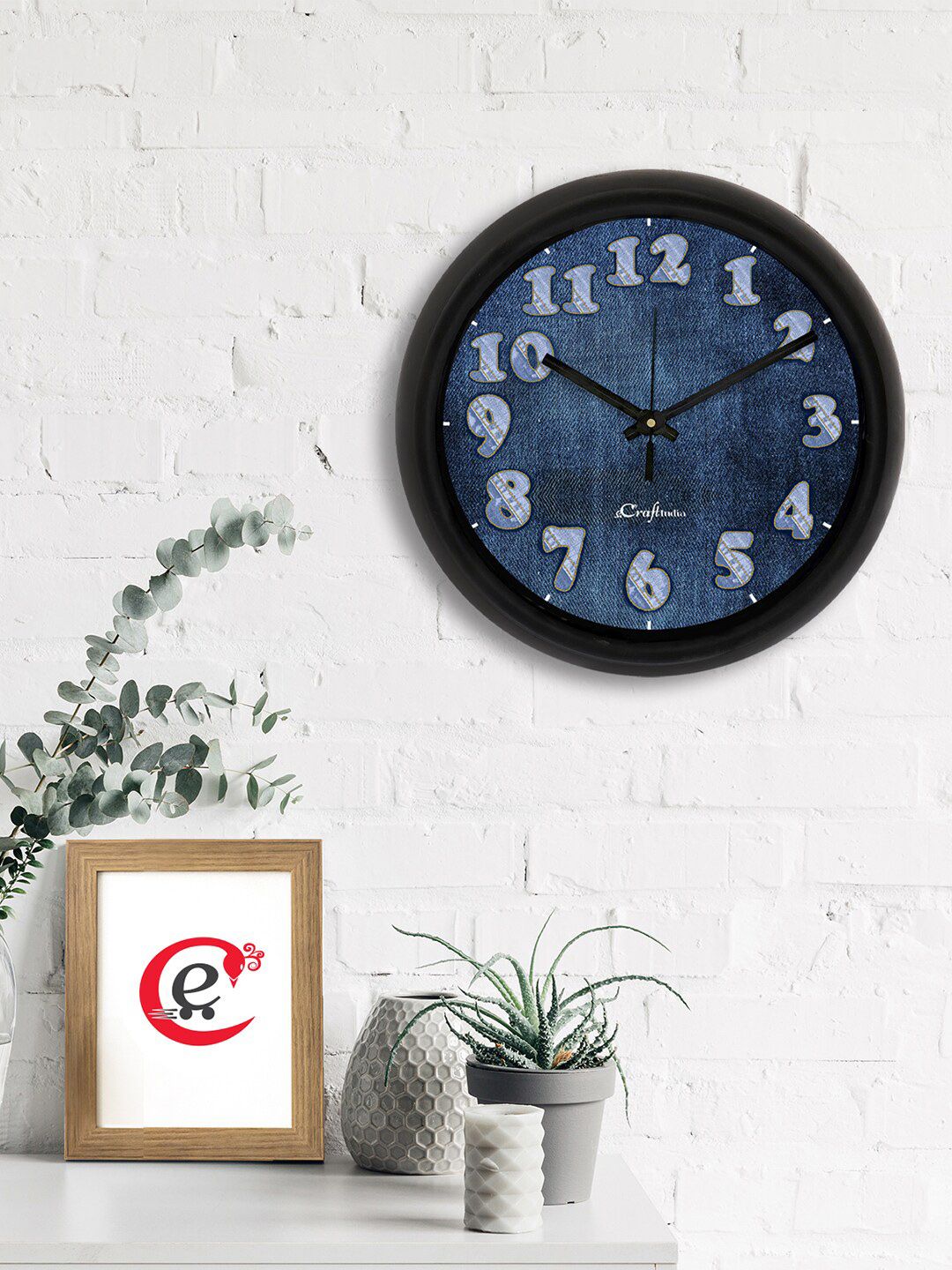 eCraftIndia Blue & Black Contemporary Analogue Wall Clock Price in India