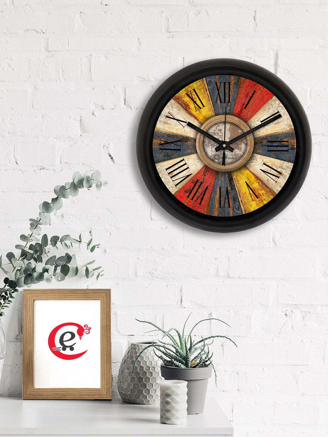 eCraftIndia Black & Cream-Coloured Printed Contemporary Analogue Wall Clock Price in India