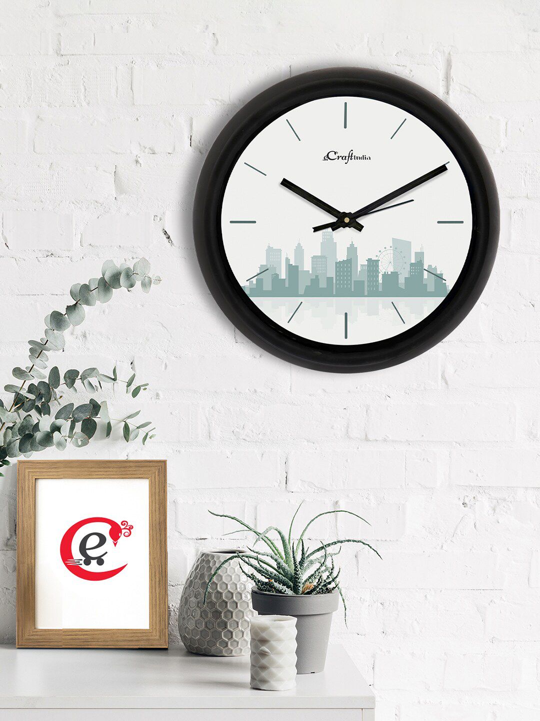 eCraftIndia White & Grey Skyline Printed Contemporary Analogue Wall Clock Price in India