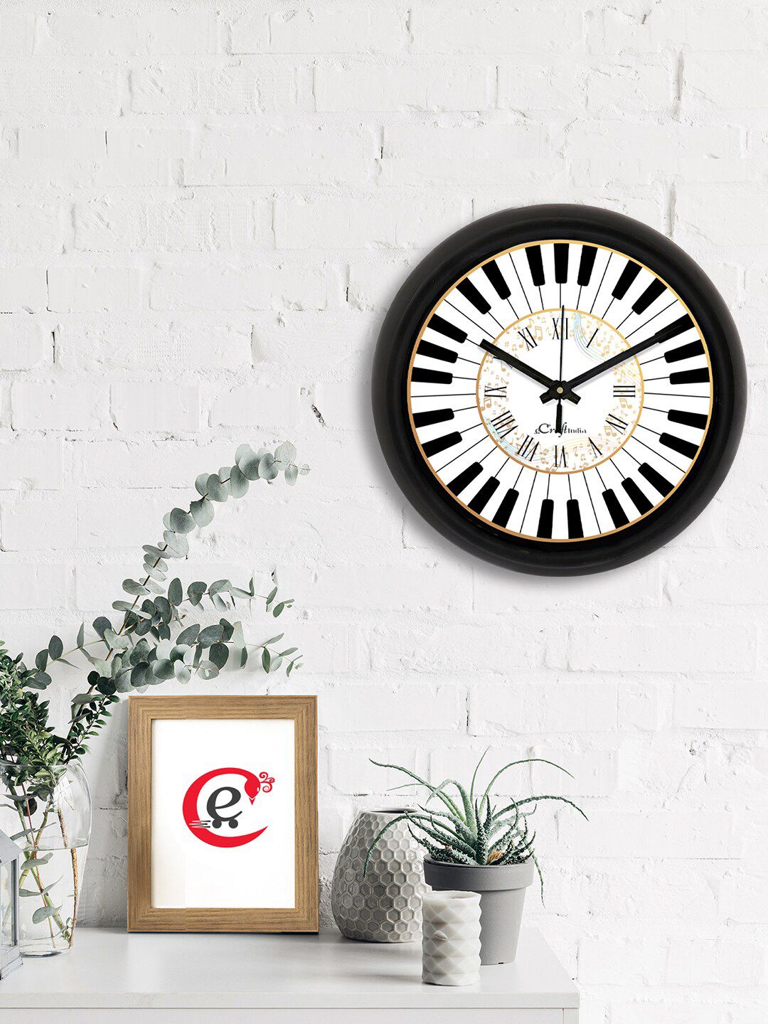 eCraftIndia White & Black Piano Printed Contemporary Analogue Wall Clock Price in India