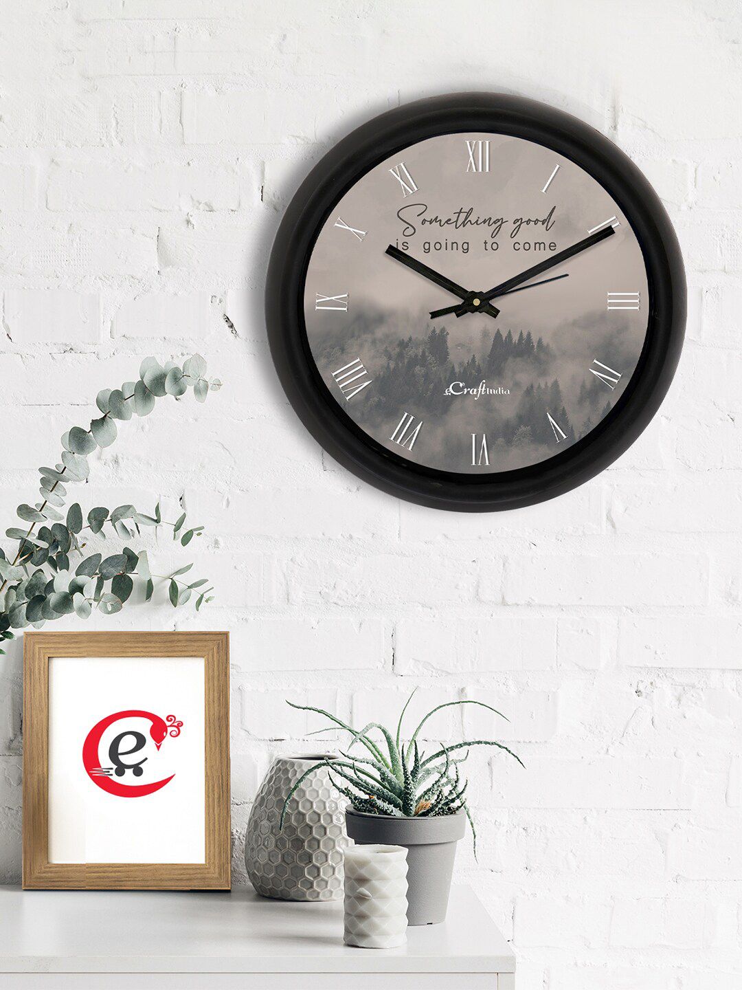 eCraftIndia Grey & Black Printed Contemporary Analogue Wall Clock Price in India