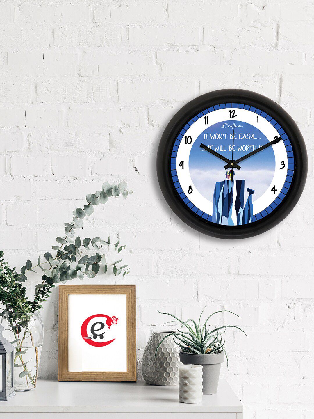 eCraftIndia Blue & White Printed Contemporary Analogue Wall Clock Price in India